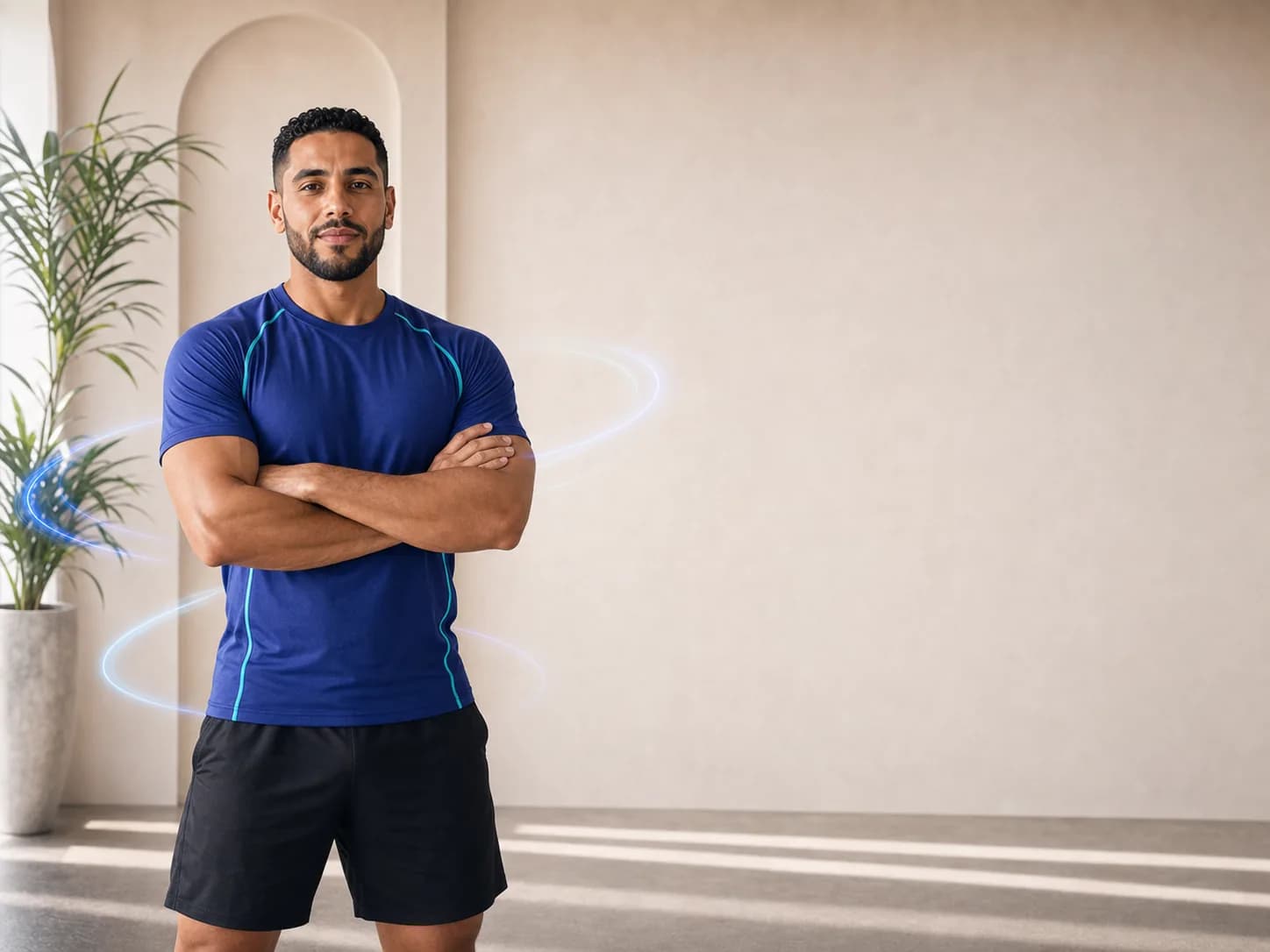 Coach sportif regardant la caméra, les bras croisés